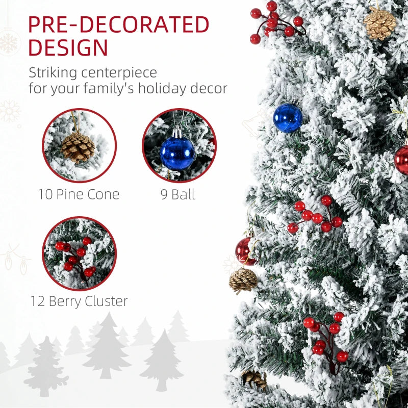 7ft Snowy Artificial Christmas Tree with Lights, Pine Cones & Decorations - Perfect Holiday Home Decor