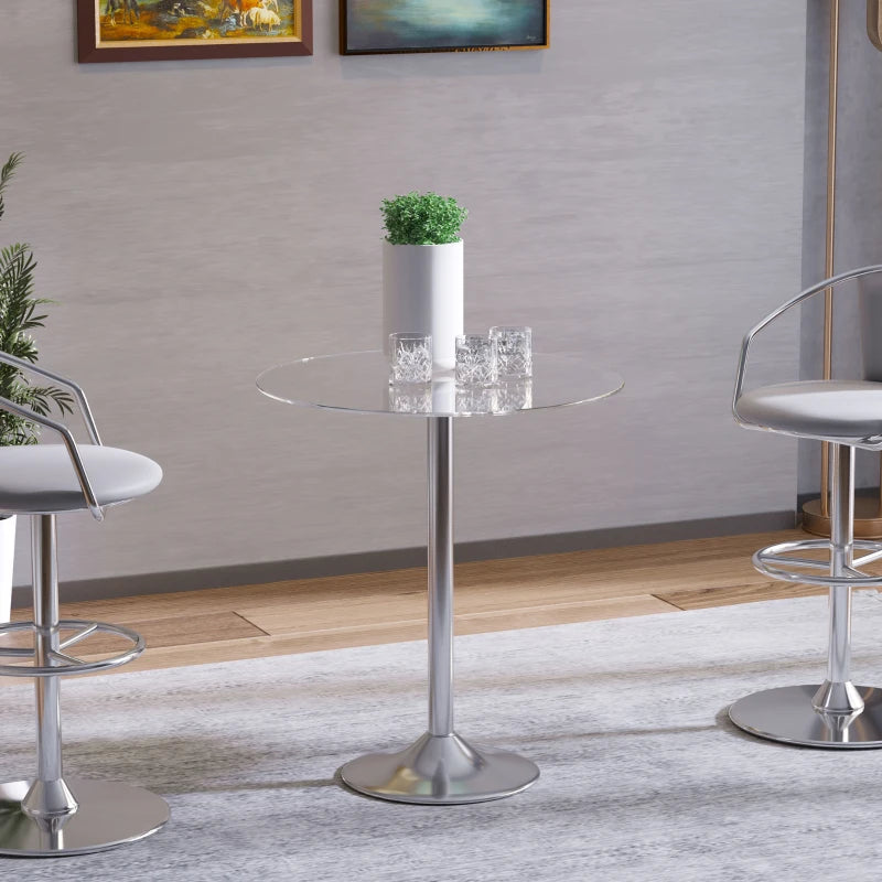 Modern Round Dining Table with Tempered Glass Top & Steel Base - Space Saving Small Bar Table for Dining Room