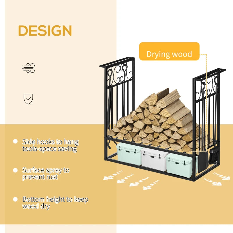 Steel Firewood Log Holder Rack - Indoor Outdoor Fireplace Wood Storage with Tools, Hooks, Rust-Resistant, Black, 75L x 30W x 60H cm