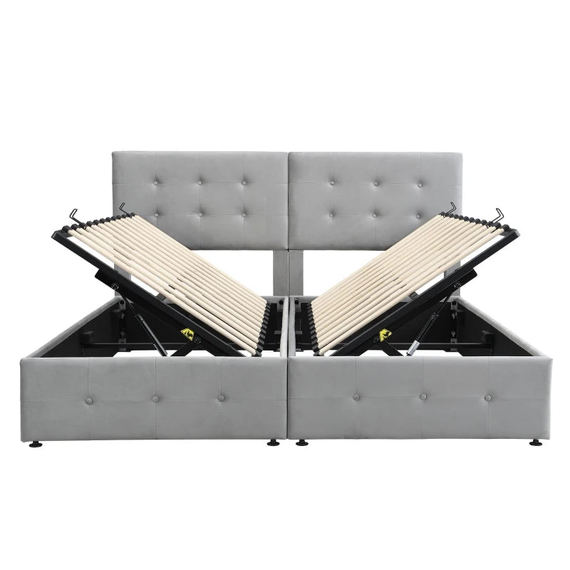 Velvet Upholstered Double Bed with Hydraulic Lift Storage Iron Frame Grey 197x181x105 cm