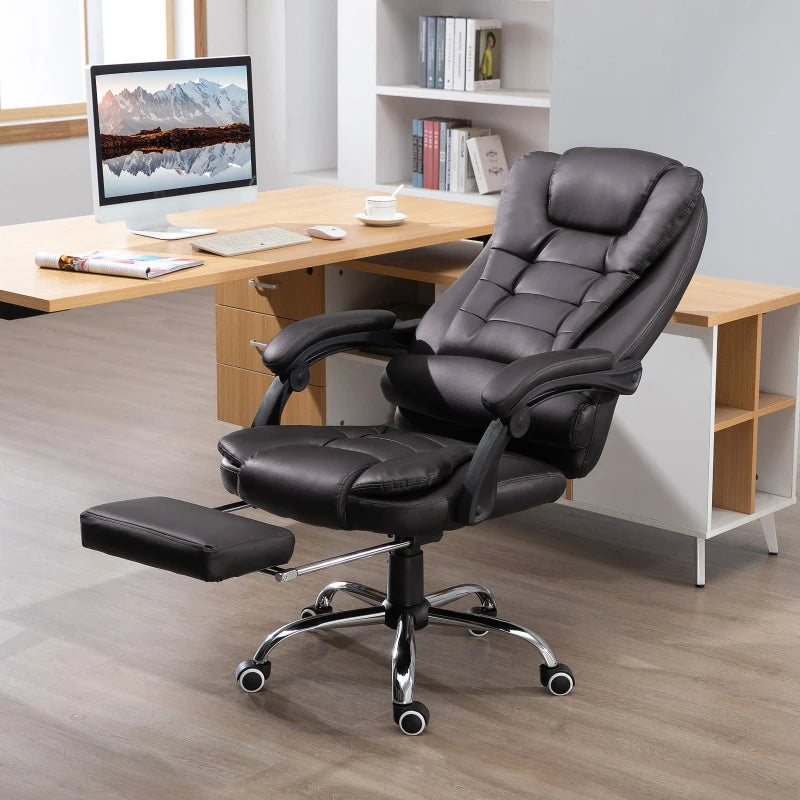 PU Leather Executive Office Chair - High Back Swivel with Retractable Footrest, Adjustable Height & Reclining Function in Brown