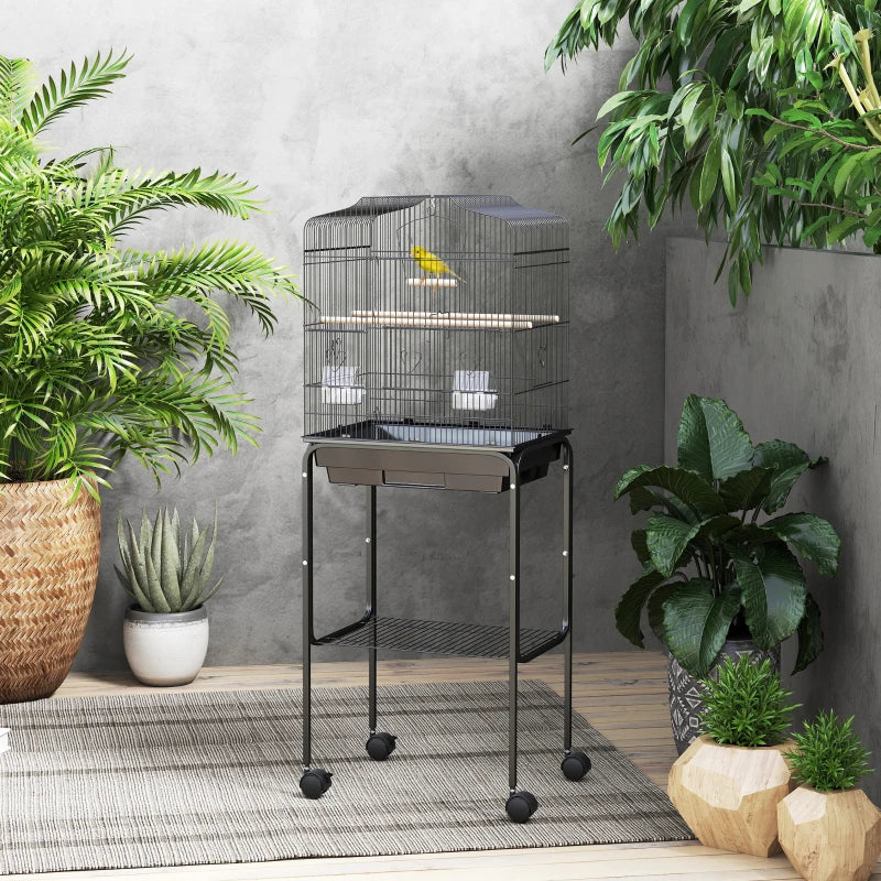 Bird Cage for Budgies Finches and Parakeets with Stand Wheels and Slide-out Tray Storage Shelf Black