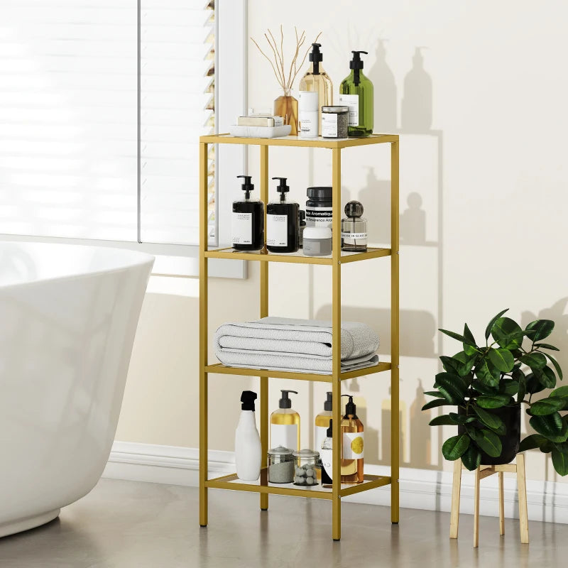 Elegant 4-Tier Glass Shelving Unit - Vertical Storage for Living Room, Home Office, Bedroom & Bathroom - Gold Tone Design