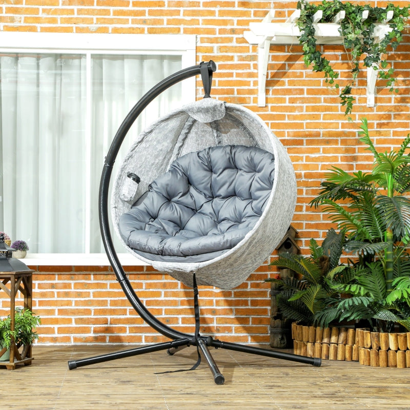 Hanging Egg Chair - Grey Outdoor Indoor Garden Swing Chair with Folding Basket, Stand, Thickened Cushion & Cup Holder - Perfect for Patio & Balcony