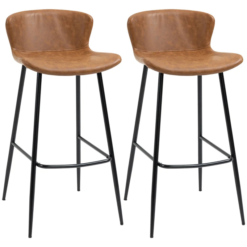 Set of 2 Brown PU Leather Bar Stools with Backs, Steel Legs & Footrests - Stylish Kitchen Counter Chairs
