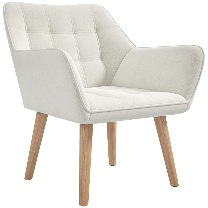 Cream White Accent Chair with Wide Arms, Slanted Back, Thick Padding and Rubber Wood Legs for Living Room