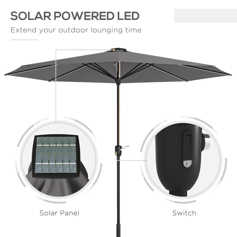 Charcoal Grey Solar LED Patio Umbrella with Crank Handle