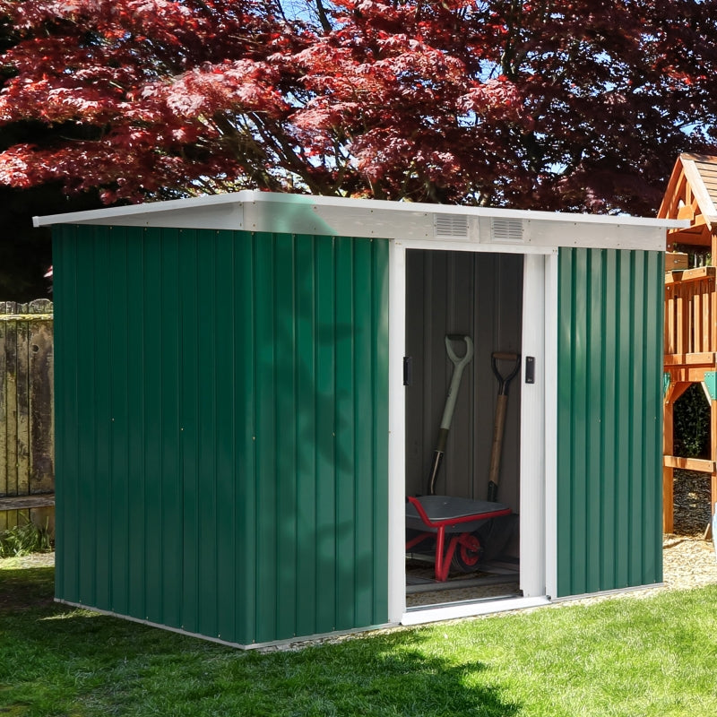 Deep Green 9ft x4 ft Metal Outdoor Garden Shed with Floor Foundation, Ventilation System, and Double Doors