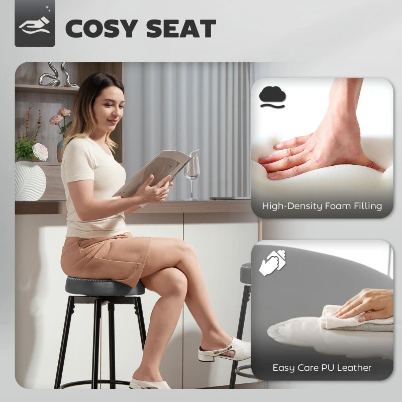 Stylish Set of 2 Faux Leather Bar Stools - Modern Grey and Black Design for Kitchen or Home Bar