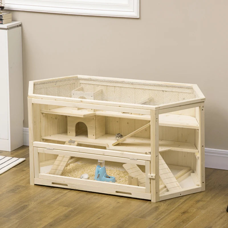 3 Tier Large Wooden Hamster Cage with Sliding Tray, Seesaws & Water Bottle - Natural Habitat for Small Pets