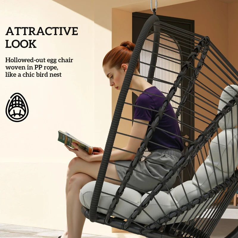 Black Outdoor PE Rattan Swing Chair with Cushion - Foldable Garden Hanging Egg Chair with Metal Stand and Headrest for Indoor and Outdoor Use