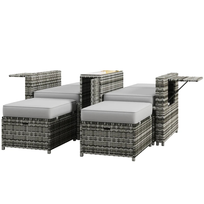 Grey Rattan Sun Lounger Set with Storage Table & Footstools