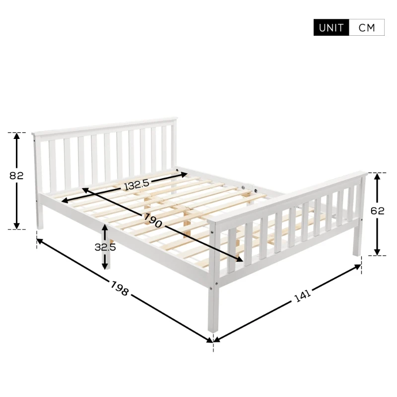 Double Wooden Bed Frame 4ft6 - Eco-Friendly Pine Wood, No Box Spring Needed, Stylish Bedroom Furniture, 198x141x82 cm, White