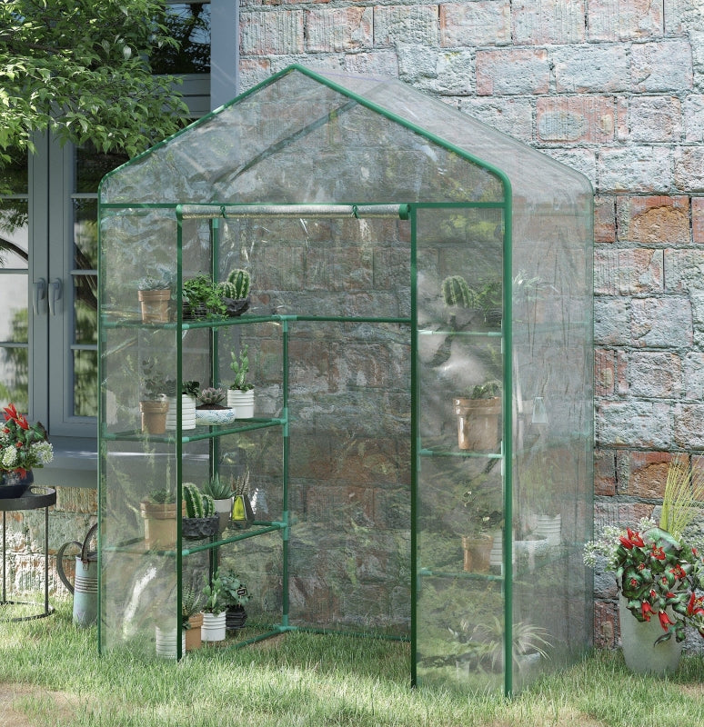 4-Tier Green Walk-in Greenhouse with Roll-up Door, Steel Frame, 143x73x195cm