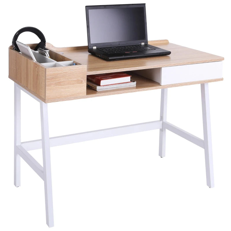 Modern Oak & White Computer Desk with Drawer, Storage, Cable Management - Stylish Writing & Study Workstation, 100x55x81.5cm