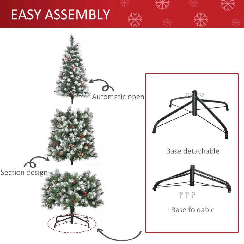 6FT Artificial Christmas Pencil Tree with Red Berries & Pinecones - Foldable Indoor Holiday Decoration, Green Xmas Tree