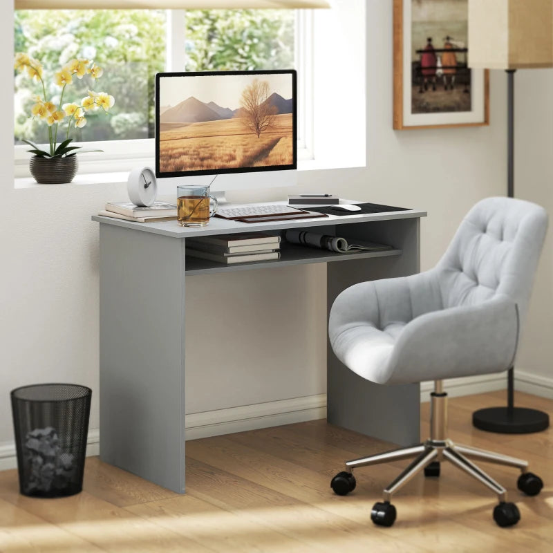 Modern Grey Computer Desk for Home Office - Small Writing Table with Storage Shelf, 90x50cm, Stylish & Functional