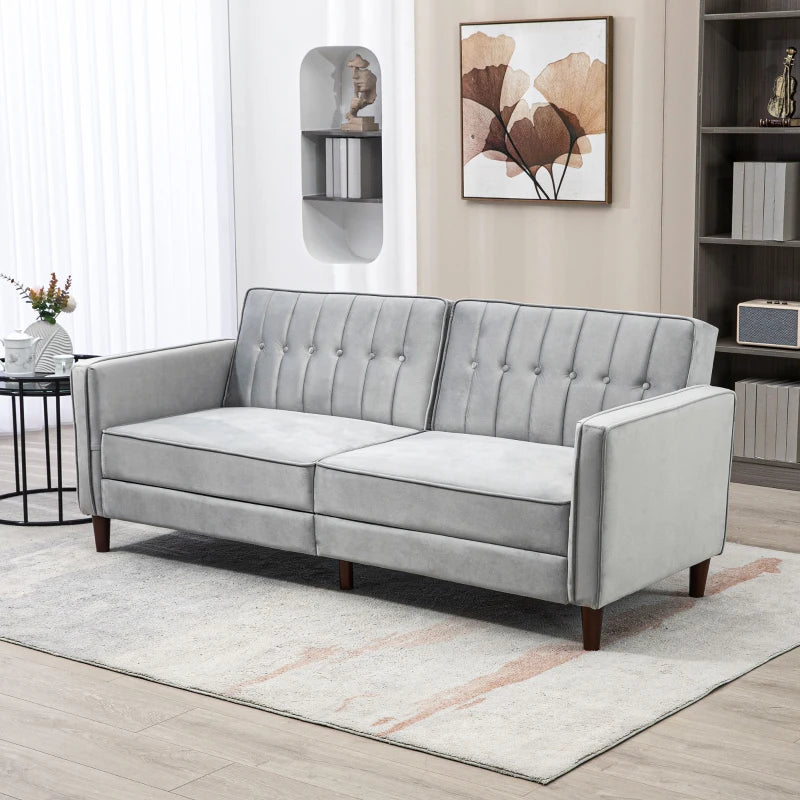Modern Convertible Velvet Sofa Bed with Tufted Design, Compact Loveseat and Adjustable Split Back in Light Grey