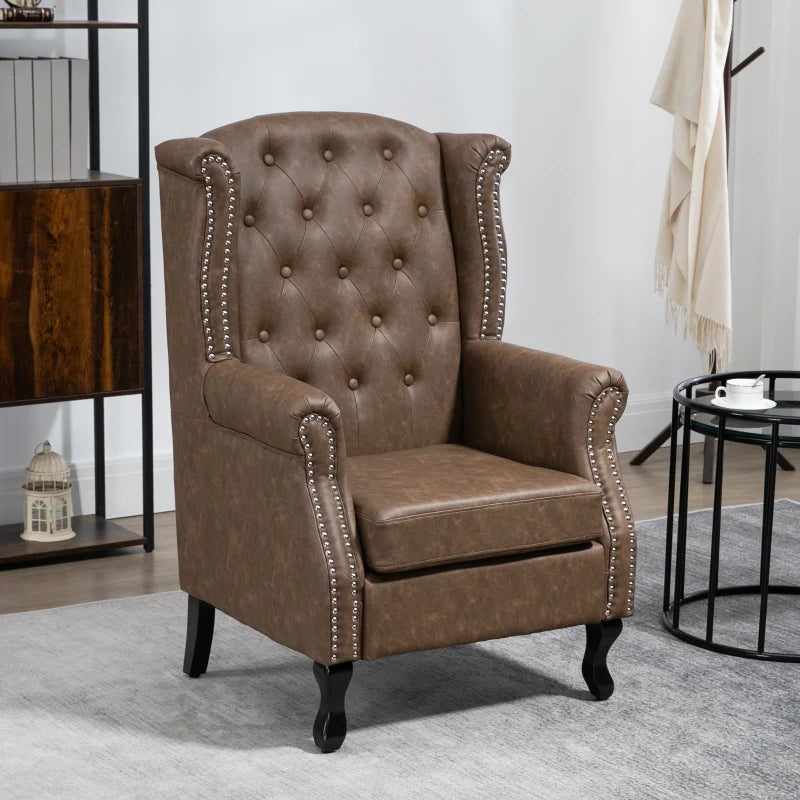 Tufted Chesterfield-Style Wingback Accent Chair with Nail Head Trim for Living Room or Bedroom in Brown
