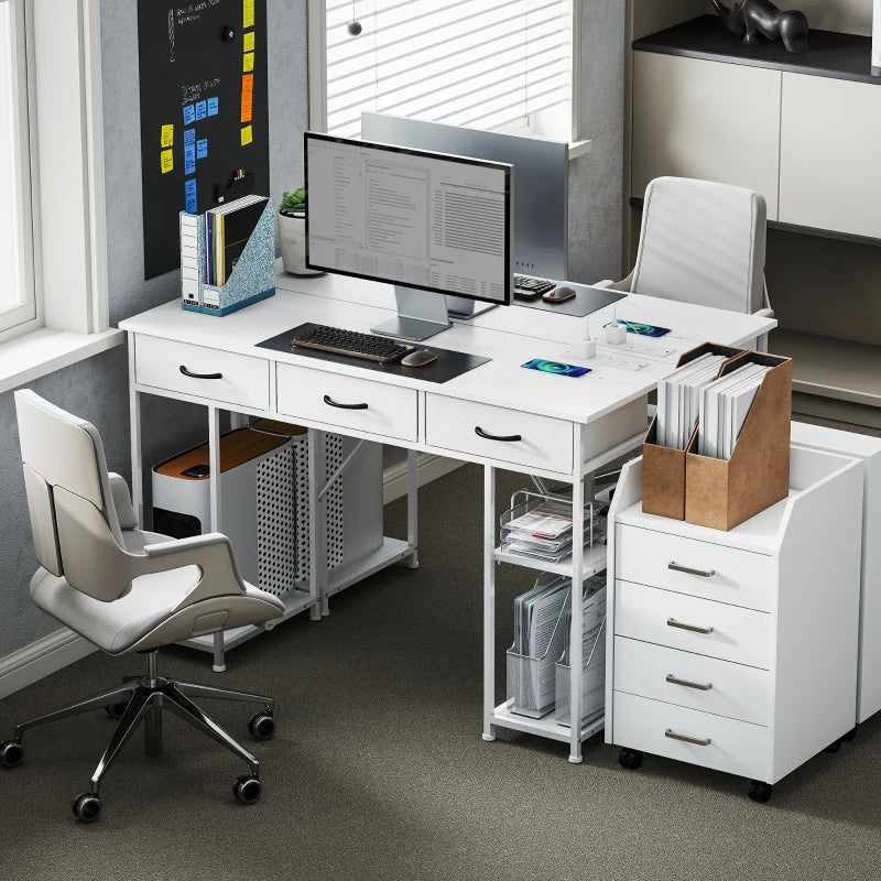 120cm White Computer Desk with Power Outlets, 3 Fabric Drawers & 4 Storage Shelves - Ideal Office Study Table