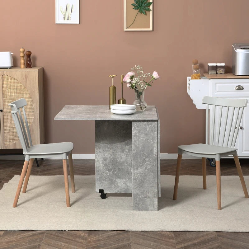 Folding Drop Leaf Dining Table with 2-Tier Shelves & Rolling Casters - Space-Saving Kitchen Table in Cement Grey