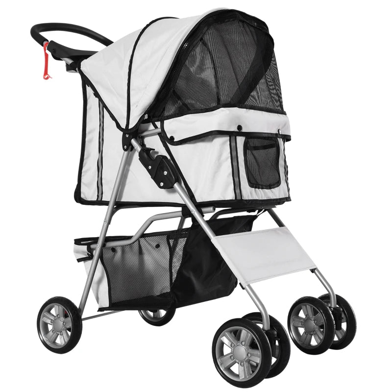 Foldable Pet Stroller for Small Dogs & Cats - Travel Carriage with Wheels, Zipper Entry, Cup Holder & Storage Basket - Grey
