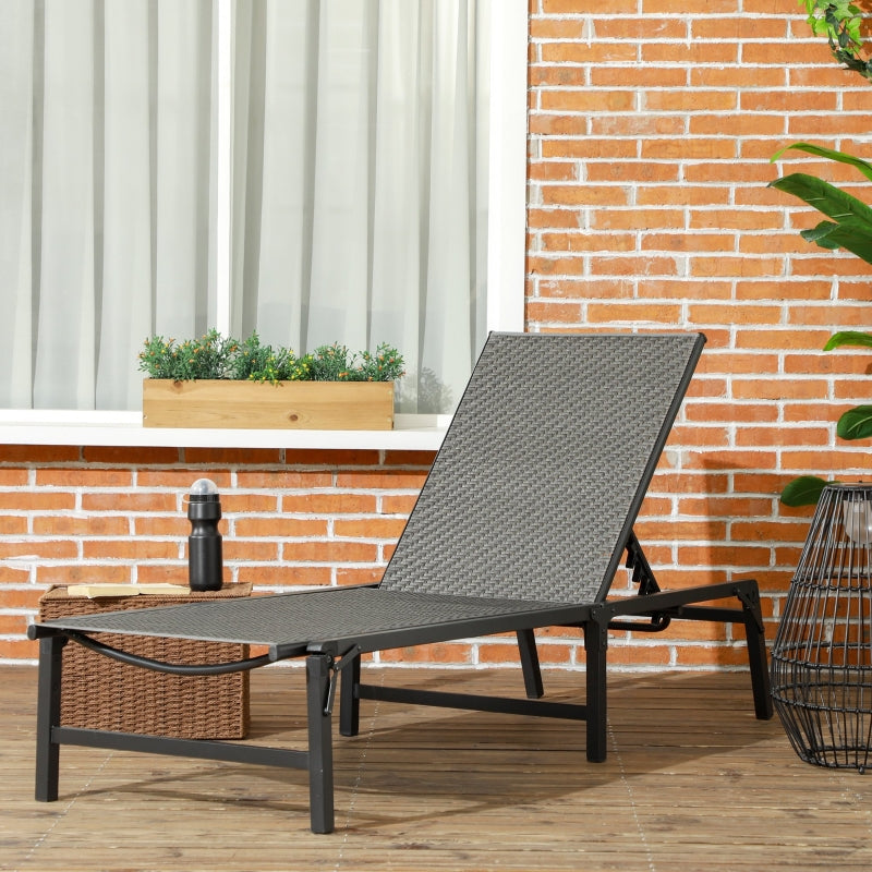 Grey Foldable Rattan Sun Lounger with Adjustable Backrest