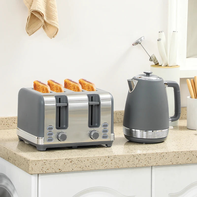 Stainless Steel Kettle & Toaster Set - 1.7L Rapid Boil Kettle with Strix Thermostat & 4-Slice Toaster, Grey/Silver