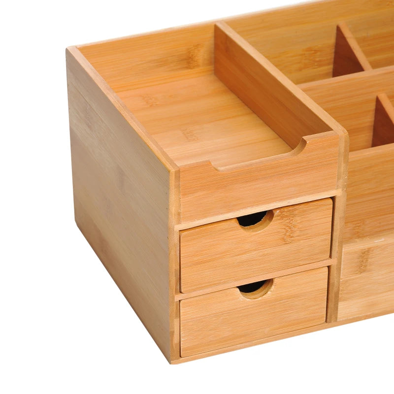 Bamboo Desk Organiser Caddy - Multi-Function Storage Holder with 7 Compartments & 2 Drawers for Home Office Supplies