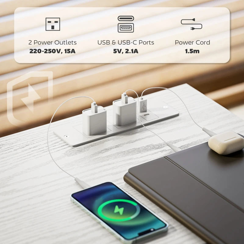 120cm White Computer Desk with Power Outlets, 3 Fabric Drawers & 4 Storage Shelves - Ideal Office Study Table