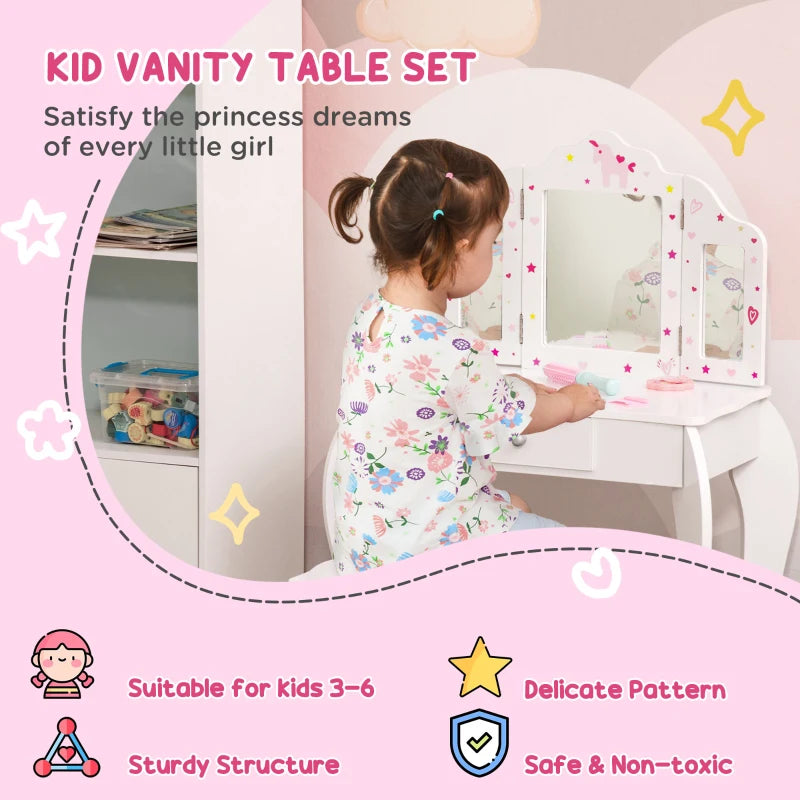 Kids Vanity Table Set with Tri-Folding Mirror and Stool Makeup Dressing Table with Drawer White
