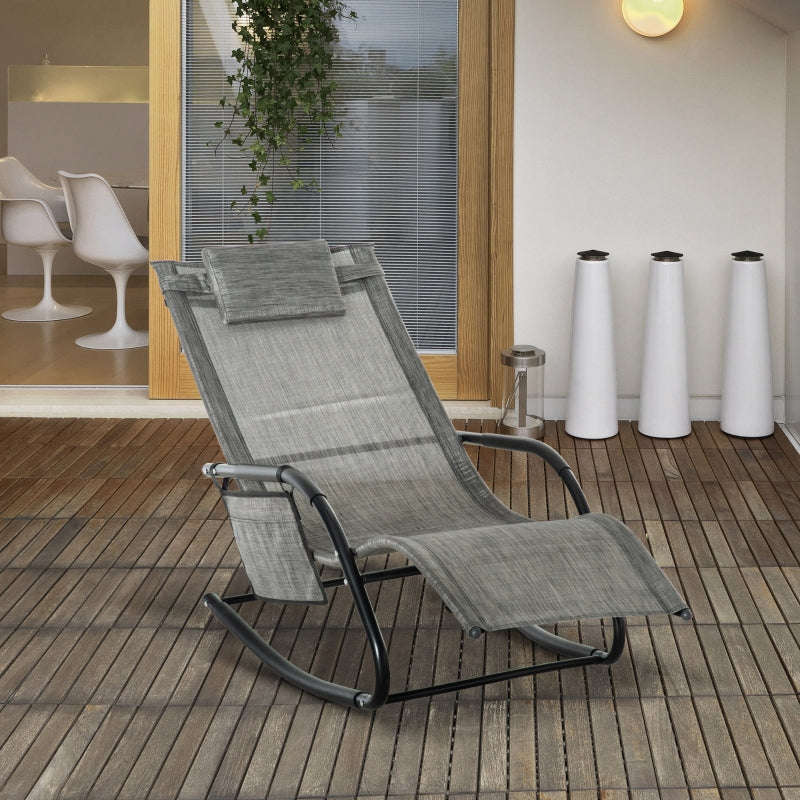 Dark Grey Outdoor Rocking Chair with Mesh Fabric and Storage Bag - Removable Headrest Pillow, Armrest & Side Storage Bag