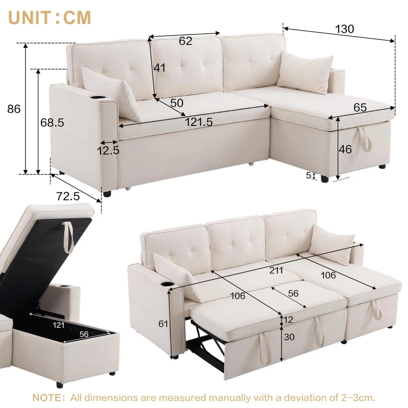 Versatile L-Shaped Sofa Bed with Reversible Chaise, Storage, Cup Holders and Cushions in Beige