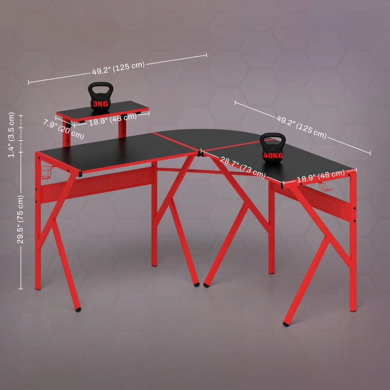 L-Shaped Gaming Desk for Home Office - Adjustable Monitor Stand, Cup Holder & Headphone Hook - 125x125x75cm, Red