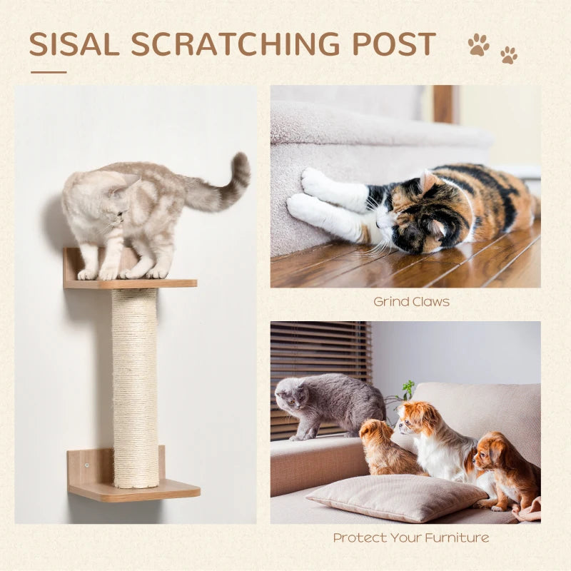 4PC Wall-Mounted Cat Climbing Shelf Set - Cat Tree Activity Center with Hammock & Scratching Post - Brown