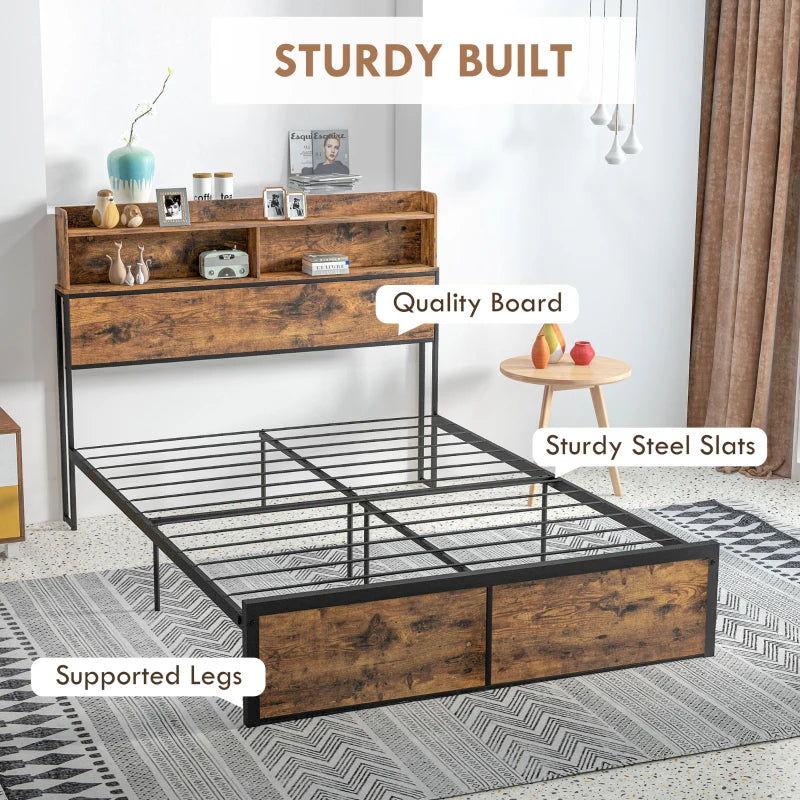 Industrial Style Double Bed Frame with Storage Headboard and Slatted Support 141x207cm Rustic Brown