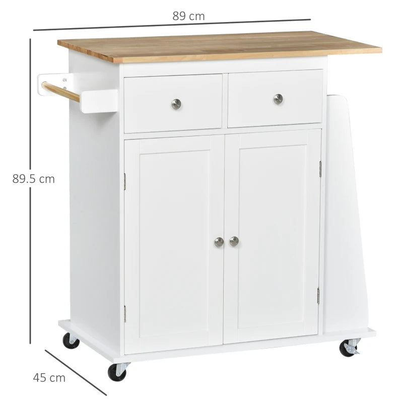 Mobile Kitchen Island on Wheels - Rolling Storage Trolley with Rubber Wood Top, 2-Door Cabinets, Adjustable Shelf & Spice Rack