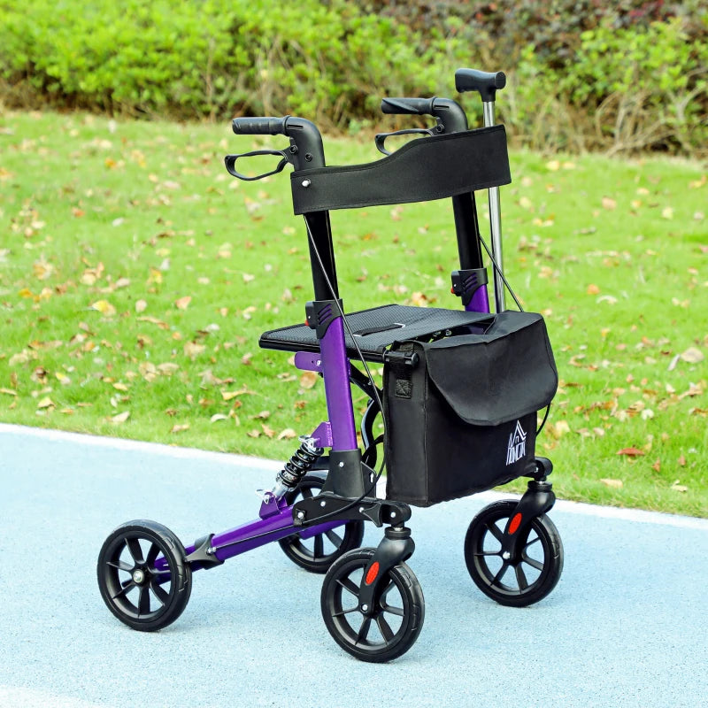 Lightweight Folding Rollator Walker with Seat and Backrest Adjustable Handle Height 4 Wheeled Walker for Seniors with Storage Bag and Dual Brakes Purple
