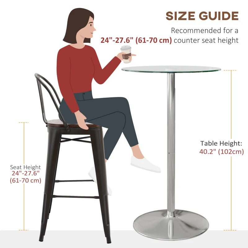 High Top Round Bistro Table for 2 - Tempered Glass Top & Steel Base - Stylish Kitchen Dining Table