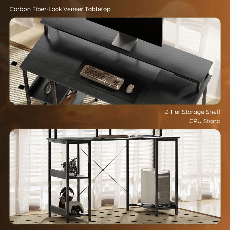 LED Computer Desk with Power Outlets & Shelves - Stylish Carbon Fibre Grey Home Office Furniture