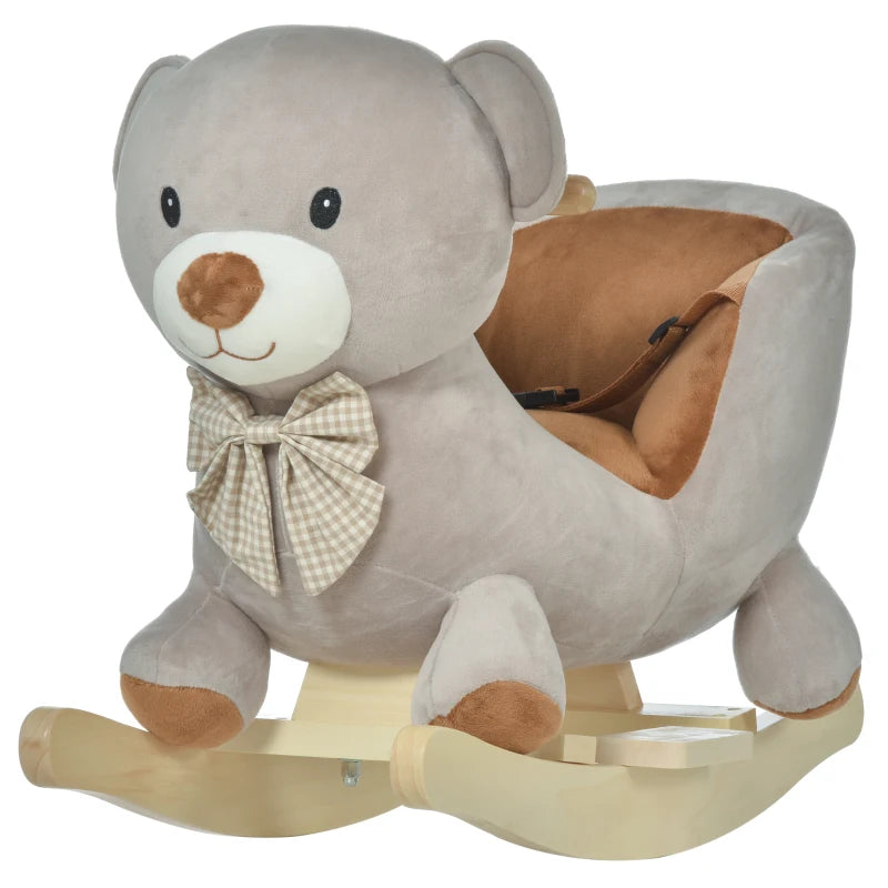 Kids Plush Rocking Horse Ride-On Bear Toy with Sound & Safety Belt - Wooden Base for Toddlers 18-36 Months - Grey