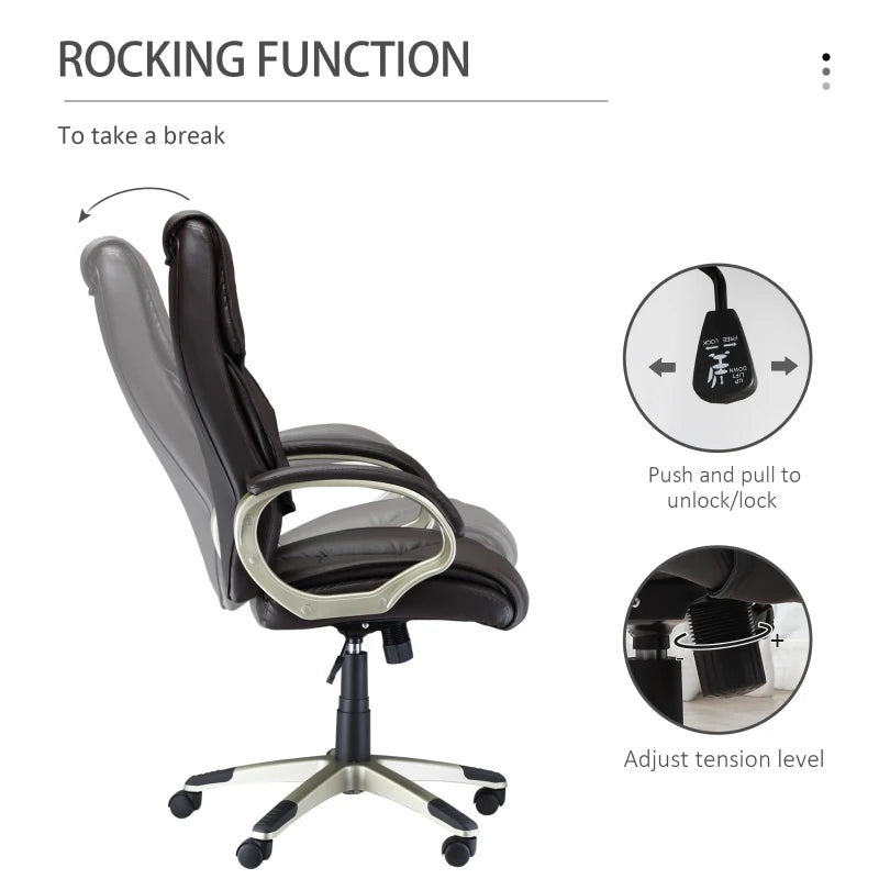 High Back Home Office Chair - Adjustable Faux Leather Desk Chair with Rocking Function in Brown