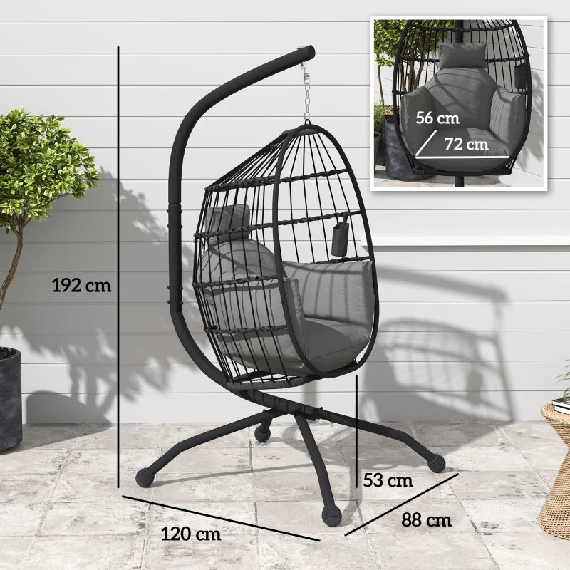 Hanging Egg Chair - Dark Grey - Outdoor Indoor Garden Swing Chair with Folding Basket, Thickened Cushion, Stand, Headrest & Cup Holder - Perfect for Patio & Balcony