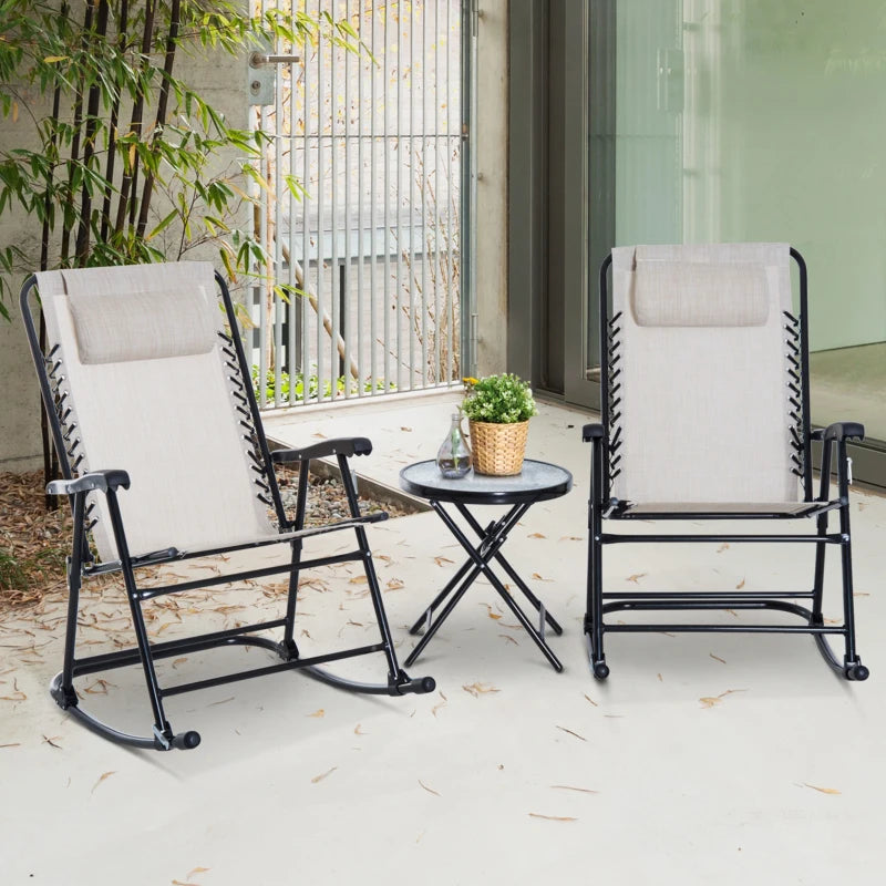 Beige 3-Piece Folding Rocking Chair Set with Glass Table - Outdoor Patio Bistro Set