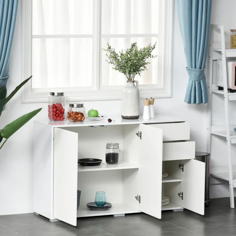 High Gloss White Side Cabinet with Push-Open Design, 2 Drawers & 2 Cabinets, 74H x 117W x 36Dcm for Living Room