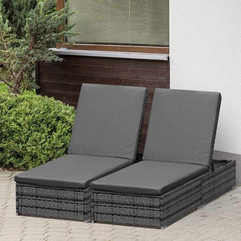 Grey Rattan Sun Loungers Set of 2 with Cushion and Recliner Backrest