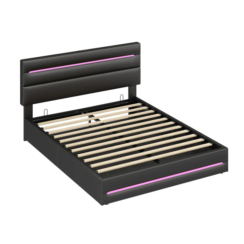 King Upholstered Bed Frame with Hydraulic Storage & LED Lighting, USB & Type-C Ports, 210x160x110 cm, Black