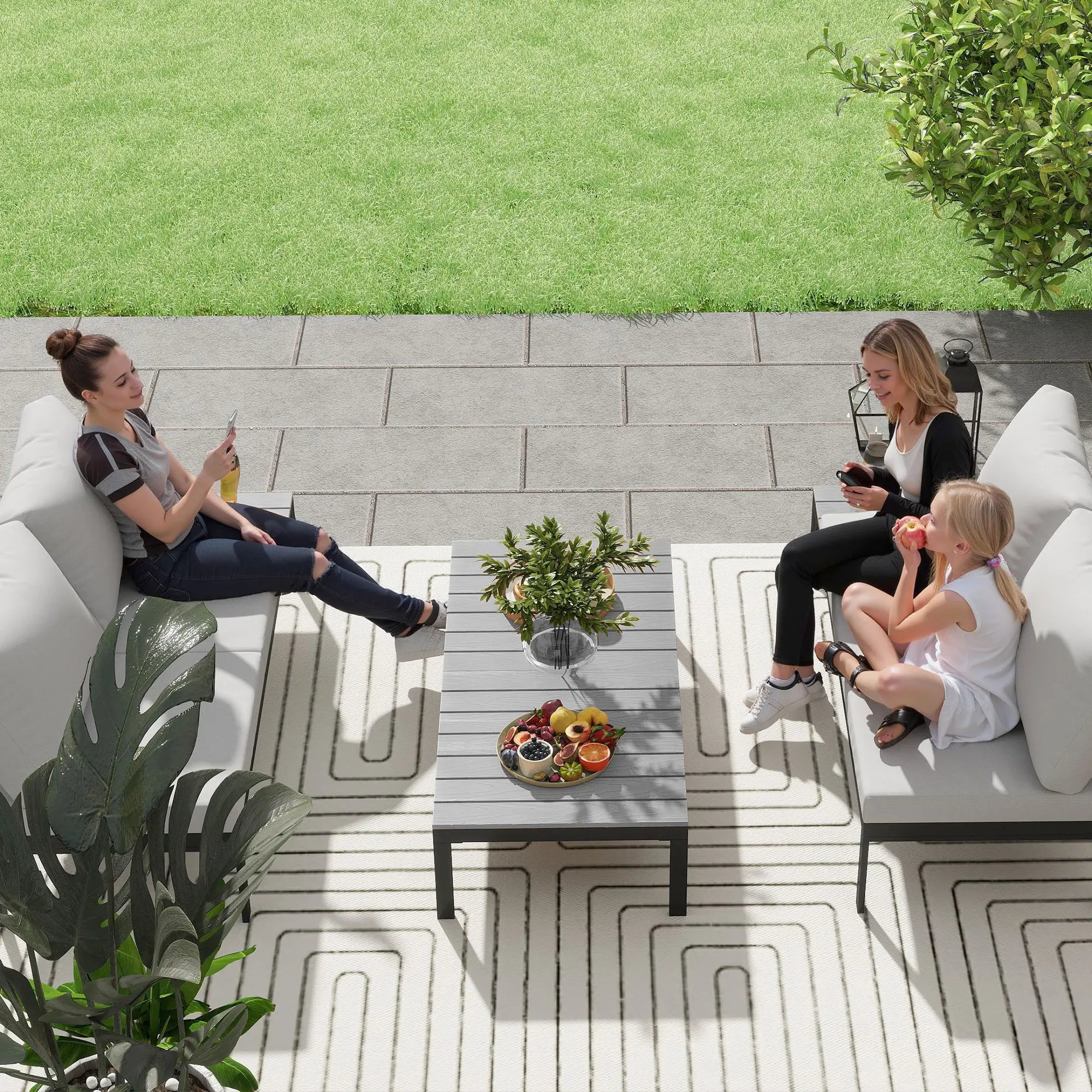 Grey Four-Piece Garden Corner Sofa Set with 2 Loveseats and 2 Coffee Tables