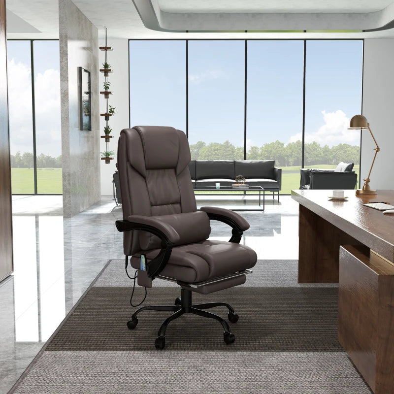 Vinsetto 6-Point Massage Office Chair - Adjustable PU Leather Desk Chair with Footrest for Home Office, Brown