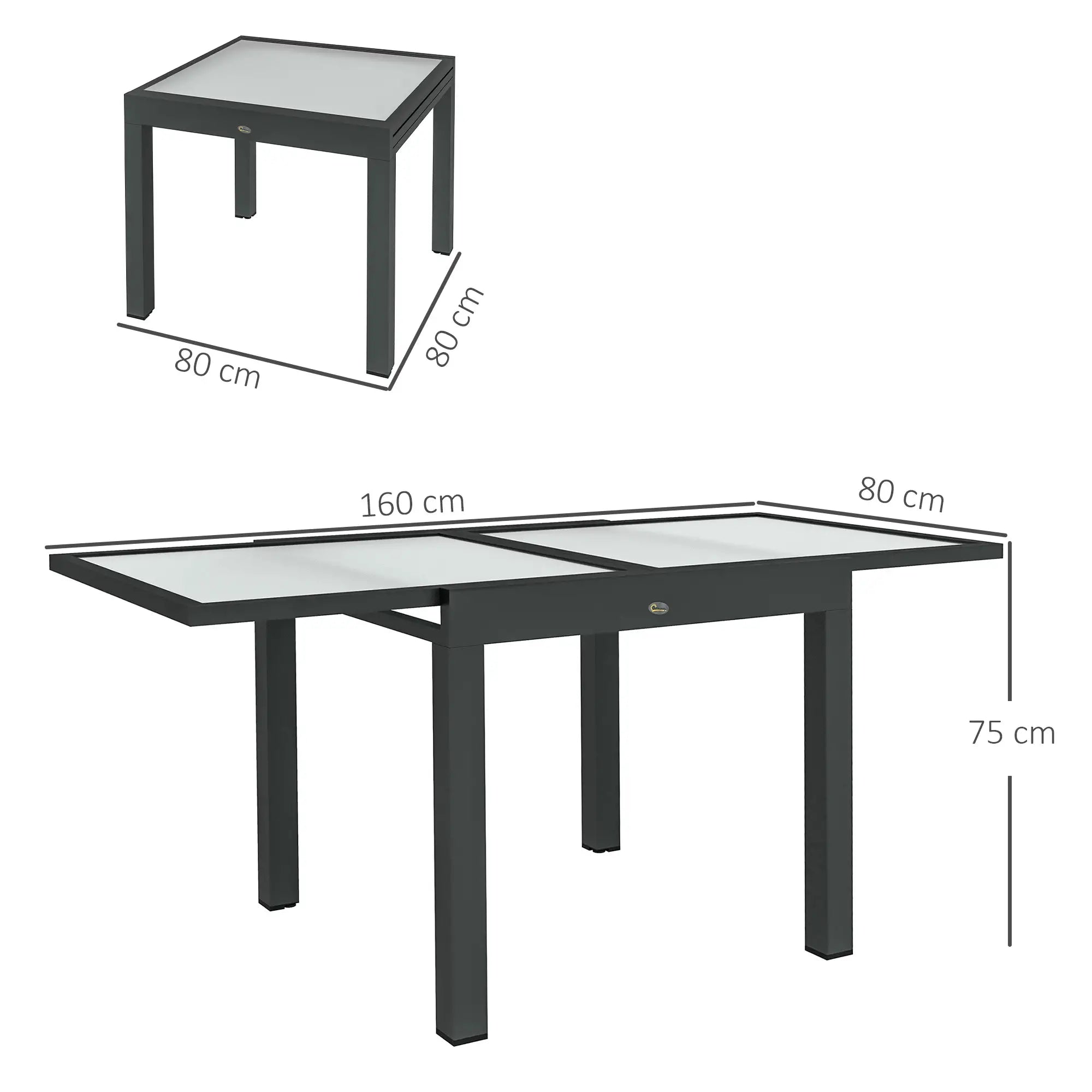 Black Frame Aluminium Extendable Garden Table - Tempered Glass Tabletop, 80/160 x 80 x 75 cm